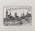 Stempel retro z panoramą Wrocławia inspirowana XV-wieczną ryciną Hartmanna Schedla