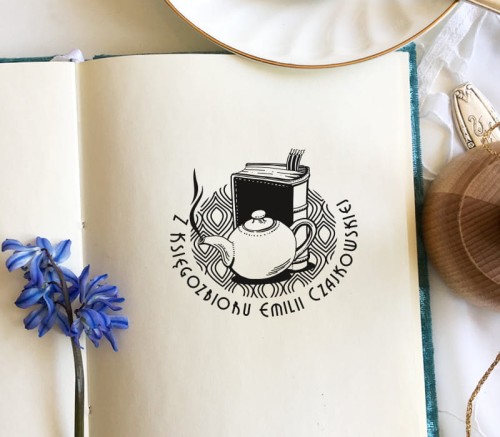 Stempel Ex libris IMBRYK I KSIĄŻKA - Spersonalizowana pieczątka z odręcznym rysunkiem czajnika z herbatą i książki